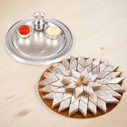 Mesmerizing Silver Plated Thali with Haldirams Kaju Katli