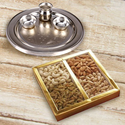 Enticing Assorted Dry Fruits Pack with Silver Plated Puja Thali