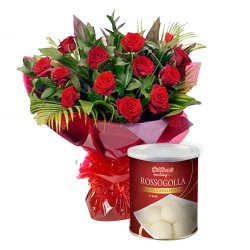 Mesmerizing Bouquet of Red Roses with Haldiram Rasgulla