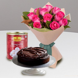 Haldirams Rosogolla with Red Rose Bouquet N Eggless Cake