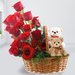Red Roses with Twin Teddies Basket Arrangement
