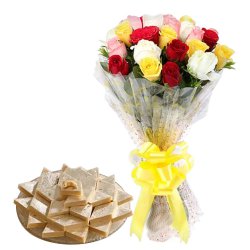 Assorted Roses Hand Bunch with Kaju Barfi