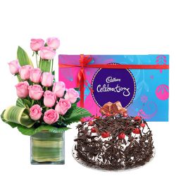Combo of Cake Pink Rose Arrangement with Cadbury Celebrations