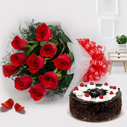 Black Forest Cake N Red Roses Bunch