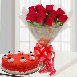 Blossoming Red Rose Bouquet with Red Velvet Cake