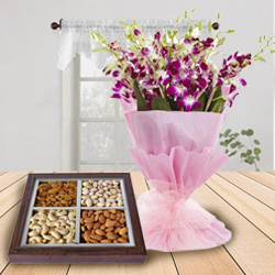 Stunning Orchids Bouquet N Dry Fruits Tray