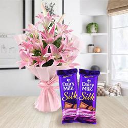 Pretty Oriental Pink Lilies with Dairy Milk Silk