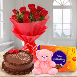 Charming Rose Bouquet Chocolate Cake Teddy with Cadbury Celebrations