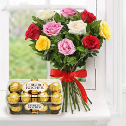 Wonderful Mixed Roses Bunch and Ferrero Rocher Chocolates