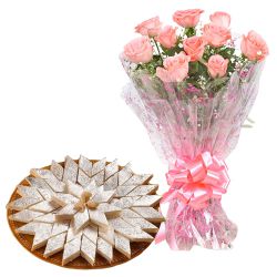 Exotic Pink Roses Bunch with Kaju Katli