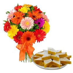 Yummy Kaju Katli and Arrangement of Mixed Gerberas