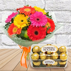 Delicate Mixed Gerberas Bouquet with Ferrero Rocher Chocolates