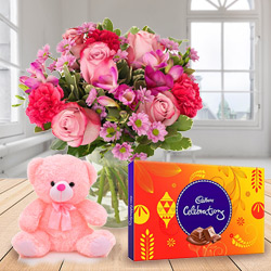 Pretty Mixed Flowers with Teddy and Cadbury Celebrations