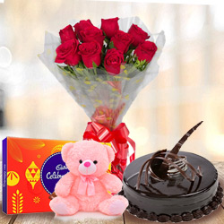 Enticing Chocolate Cake with Red Rose Bouquet Teddy and Cadbury Celebratios