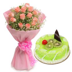 Elegant Red Roses Bouquet with Kiwi Cake