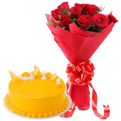 Luscious Mango Flavour Cake with Red Roses Bouquet