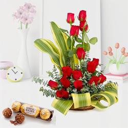 Attention Getting Red Roses Arrangement with Ferrero Rocher