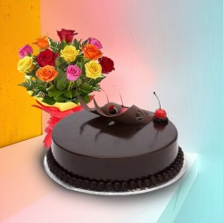 Gift of Assorted Roses N Choco Cake