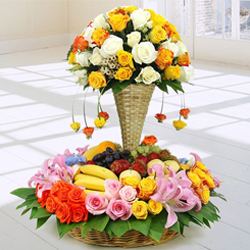 Marvellous Arrangement of Fresh Fruits N Flowers